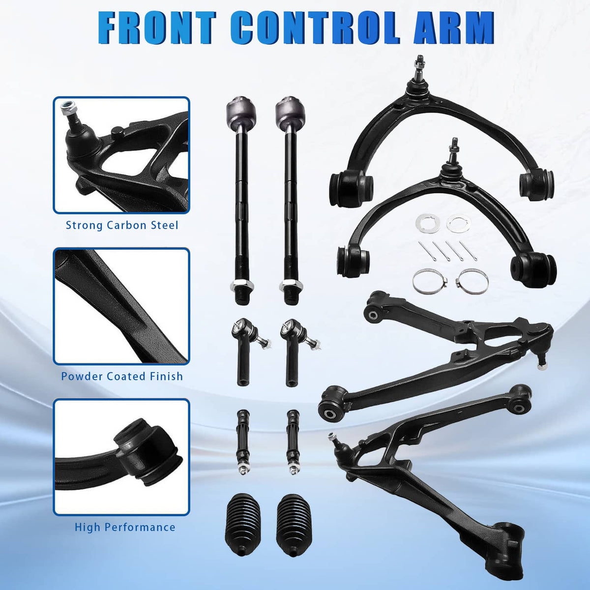 Front control arm set with two arms, tie rods, ball joints, and rubber boots, black