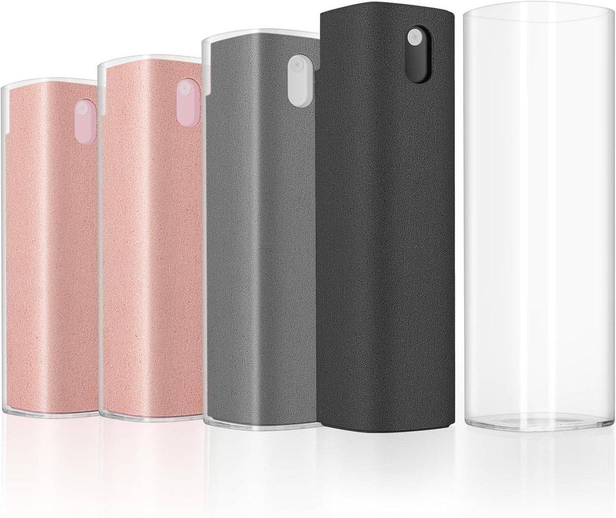 Pink, gray, and black screen cleaner microfiber sleeves paired with clear spray bottles