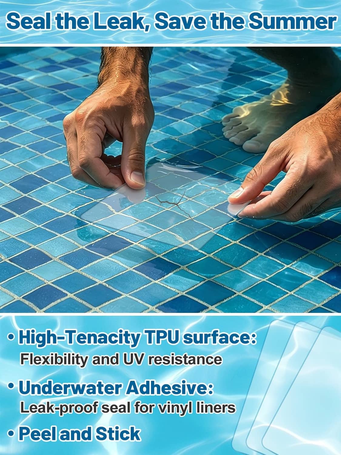 Clear self-adhesive pool liner repair patch applied underwater, peel-and-stick seal