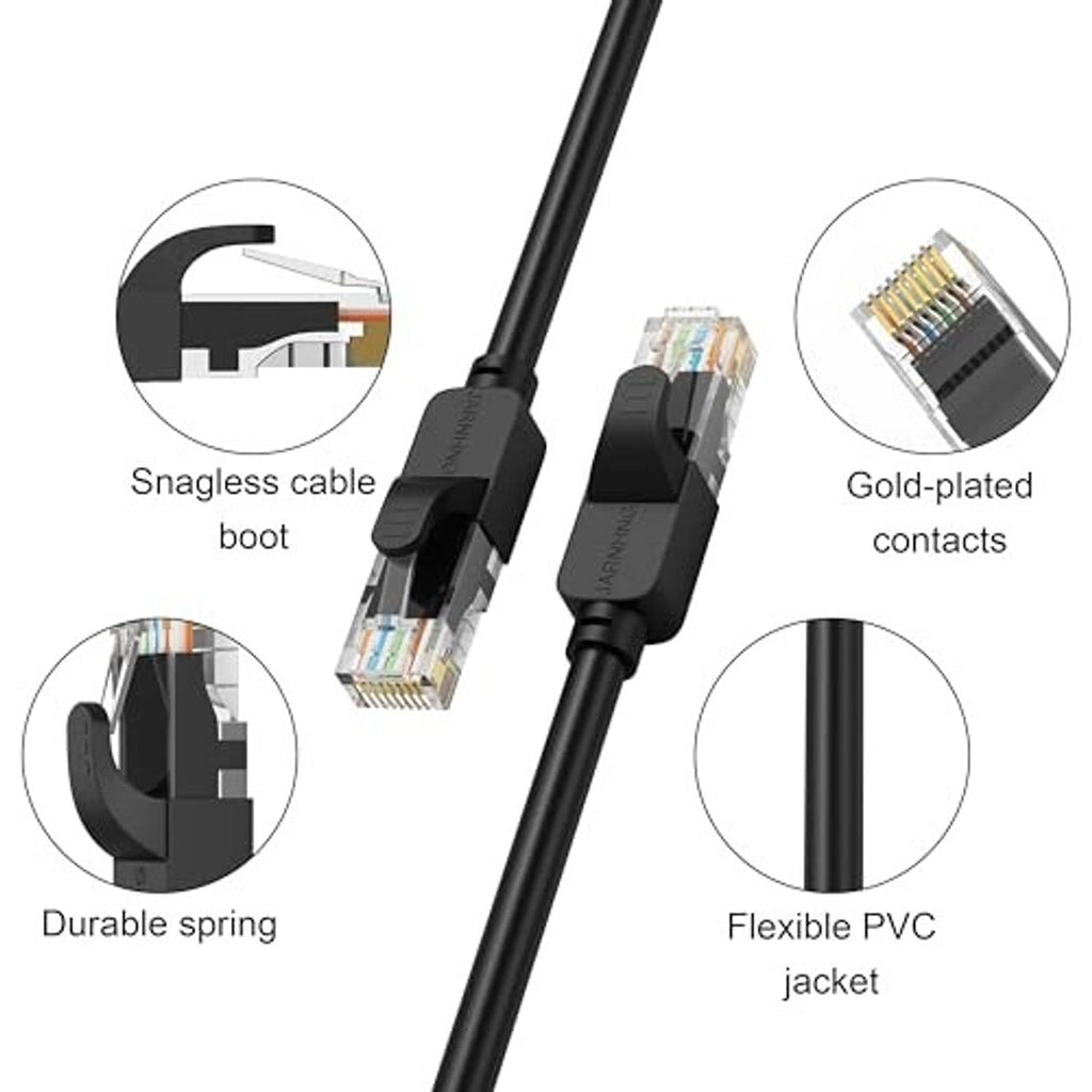 Black Cat6 Ethernet cable with RJ45 plug and close-up of connector pins