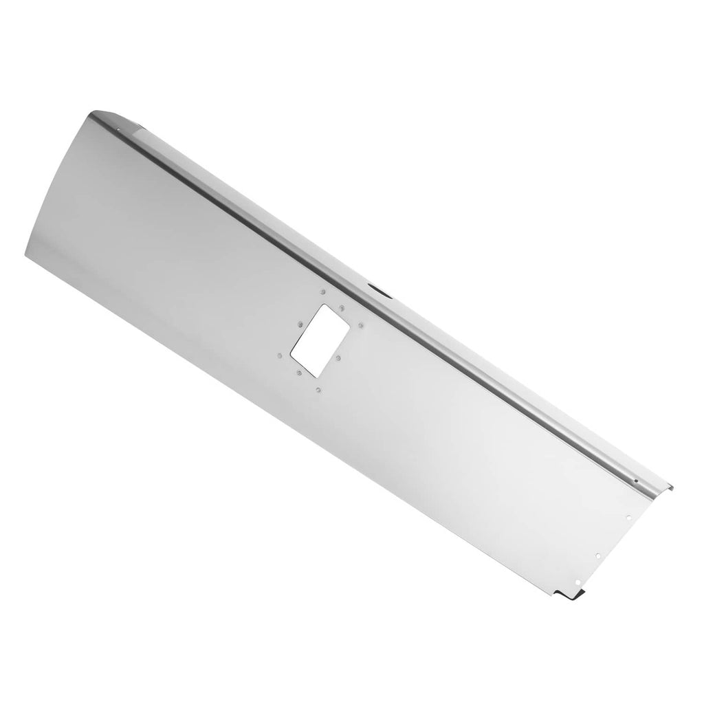 Silvery aluminum landing gear fairing panel, angled view with mounting holes