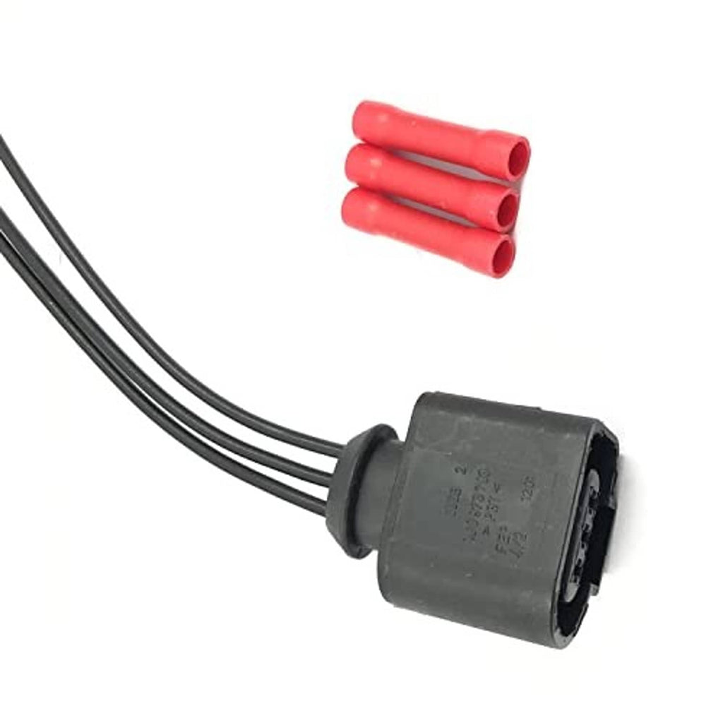 3-pin connector pigtail close-up: black housing with black wires and red terminals