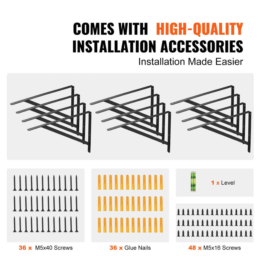 Triangular floating shelf brackets with installation accessories including screws, nails, and level