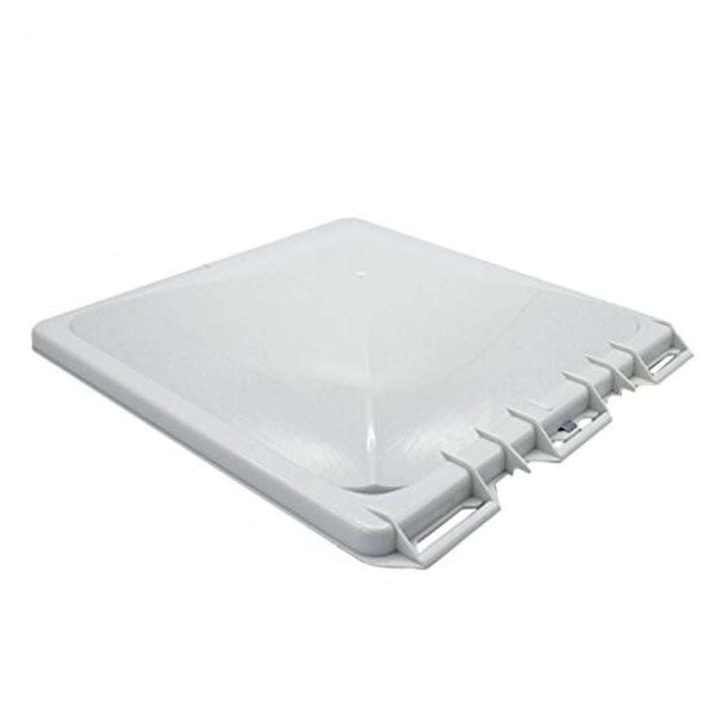 White RV roof vent replacement lid with latch tabs and hinged cover