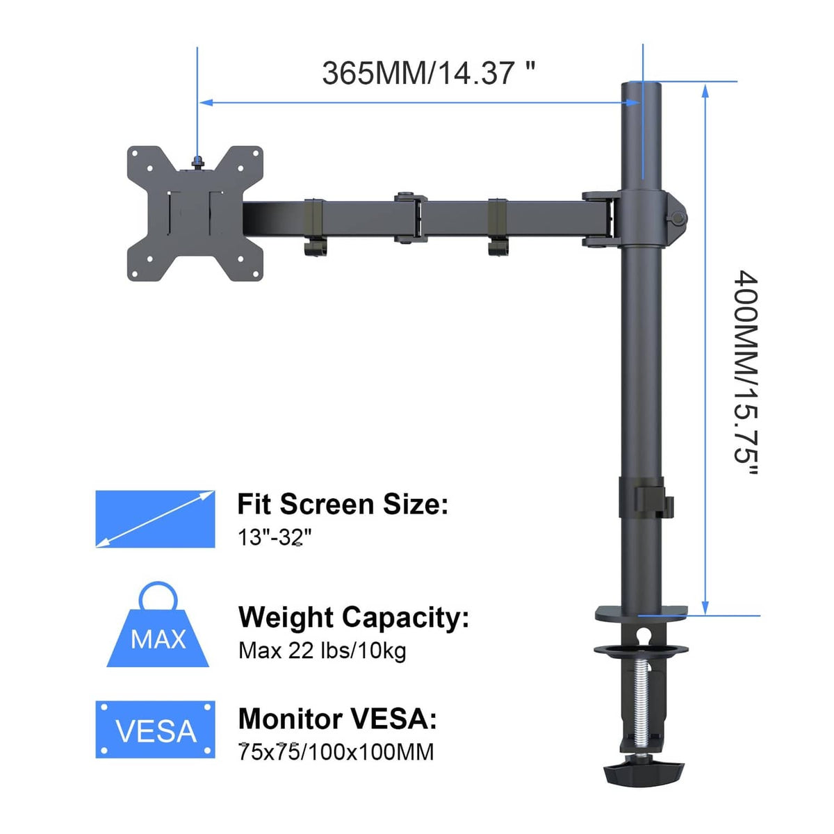 Single monitor arm desk mount with VESA plate and height range diagram