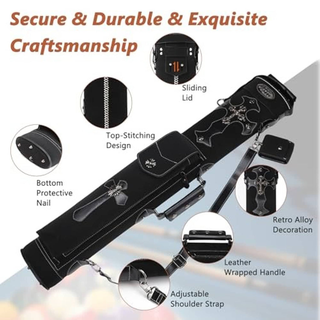 Black cue stick case with adjustable shoulder strap, stitched panels, metal accent clasp