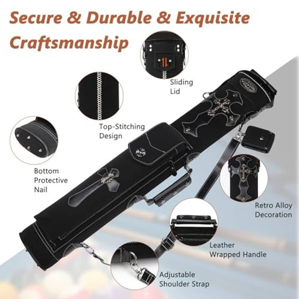 Black cue stick case with adjustable shoulder strap, stitched panels, metal accent clasp