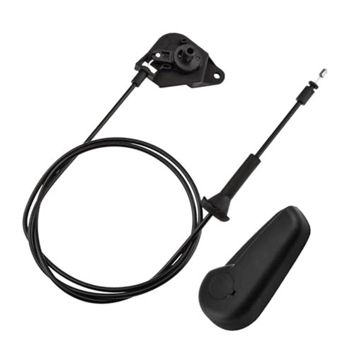 Hood release cable pull handle assembly with black cable, bracket, and latch