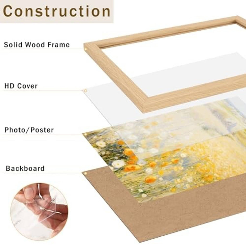 Natural wood picture frame showing layered backboard and HD cover construction