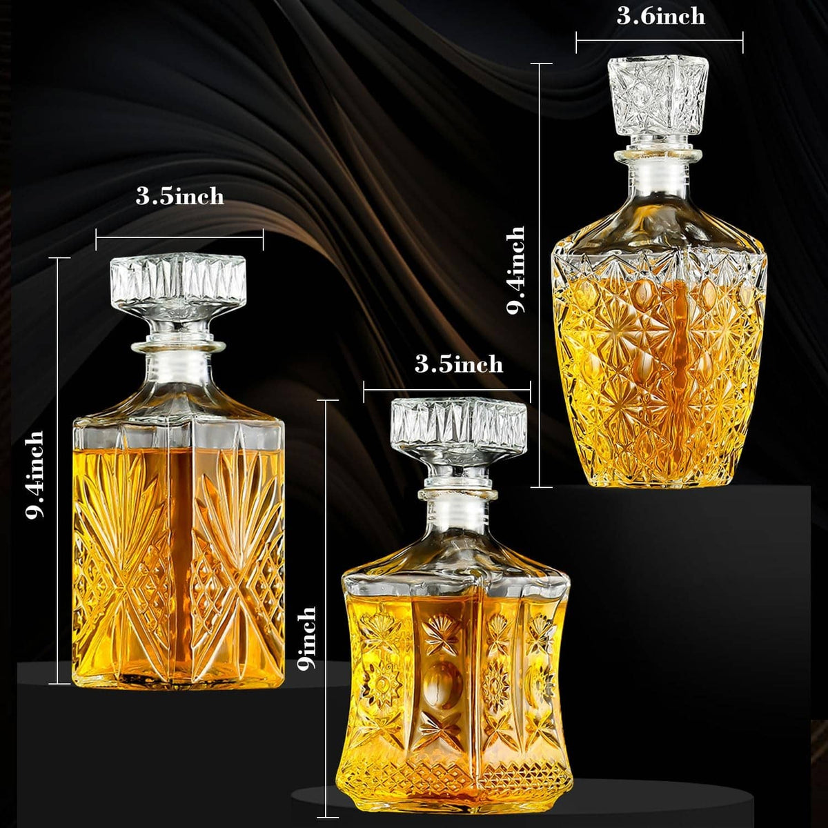 Three crystal whiskey decanters in clear and amber with geometric bottle and stopper details