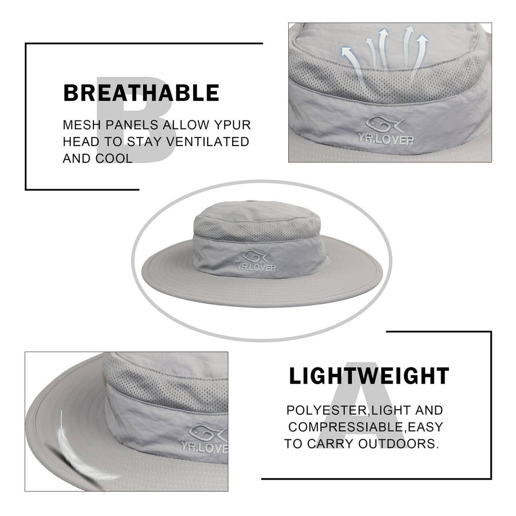 Breathable mesh wide-brim fishing cap with vented crown, light gray