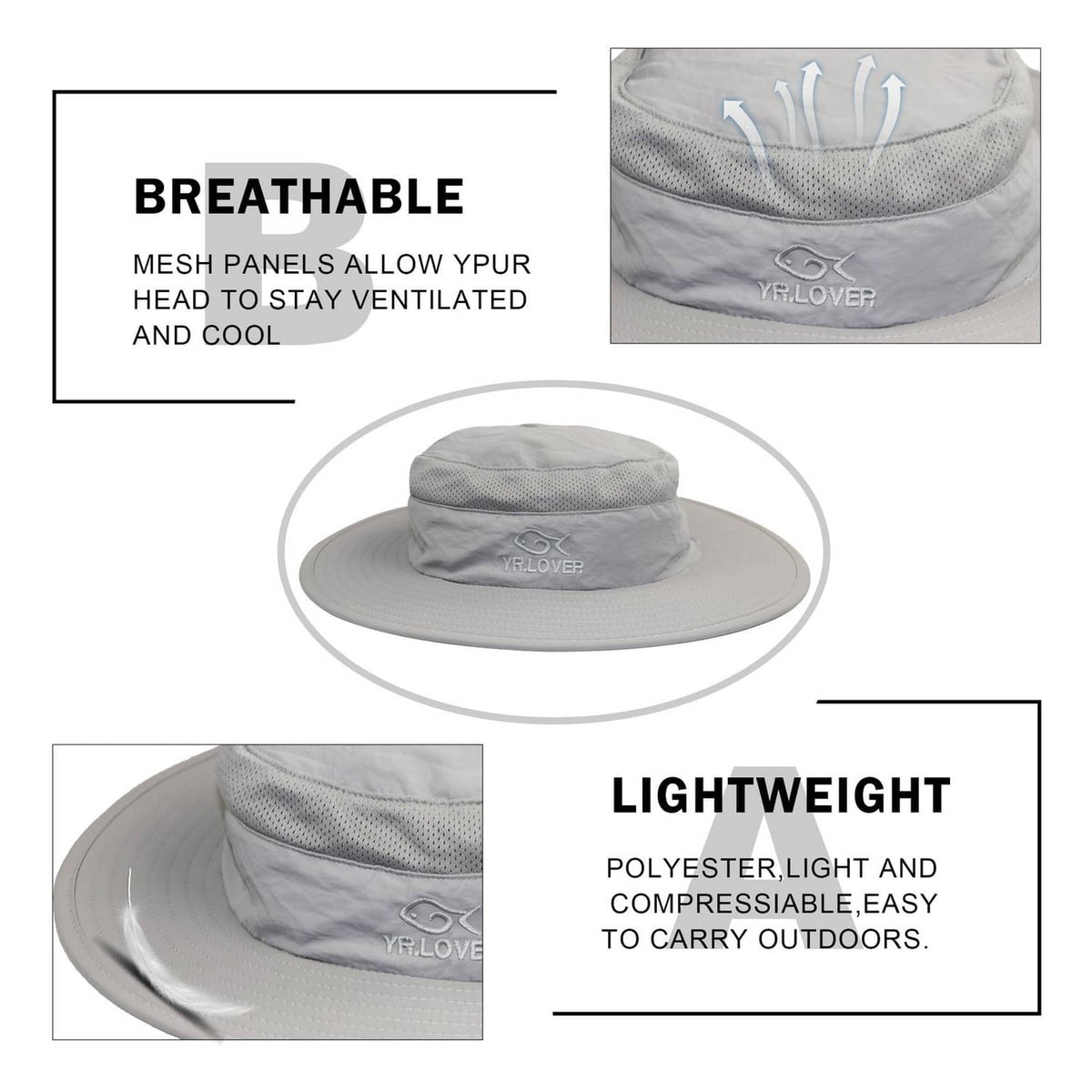 Breathable mesh wide-brim fishing cap with vented crown, light gray