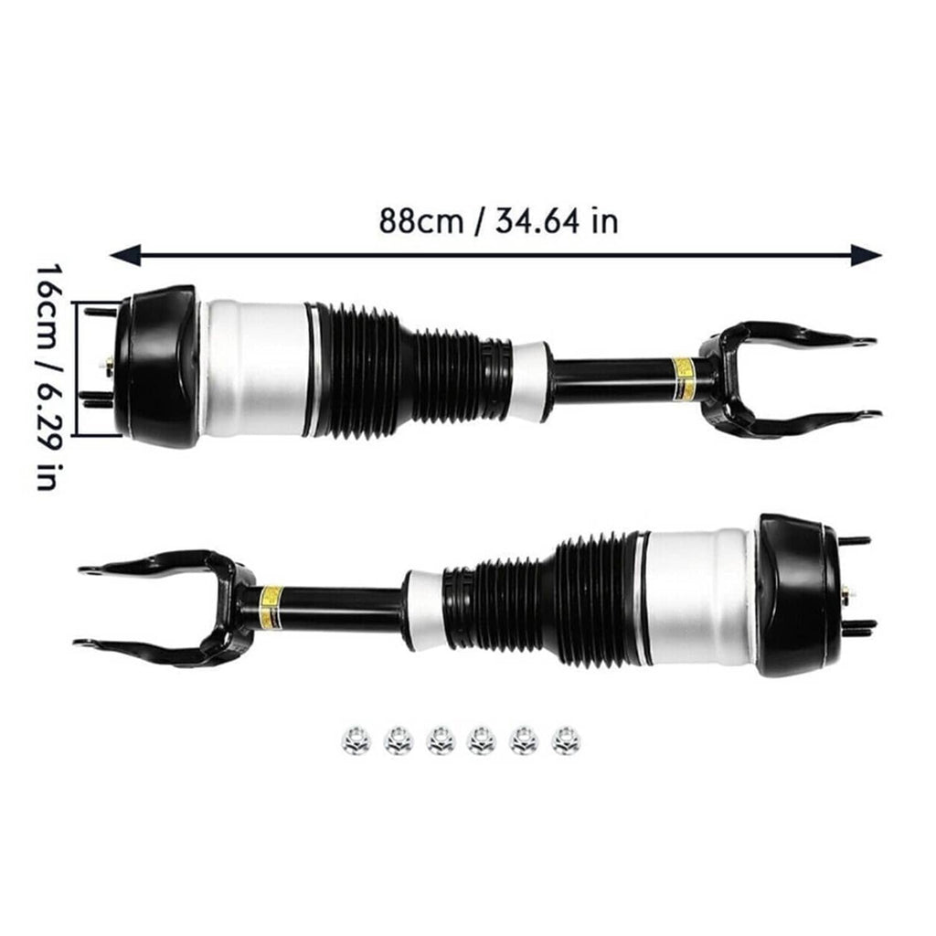 Front air suspension shock struts, pair, black brackets and silver air spring bodies