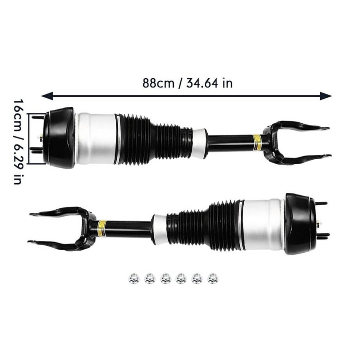Front air suspension shock struts, pair, black brackets and silver air spring bodies