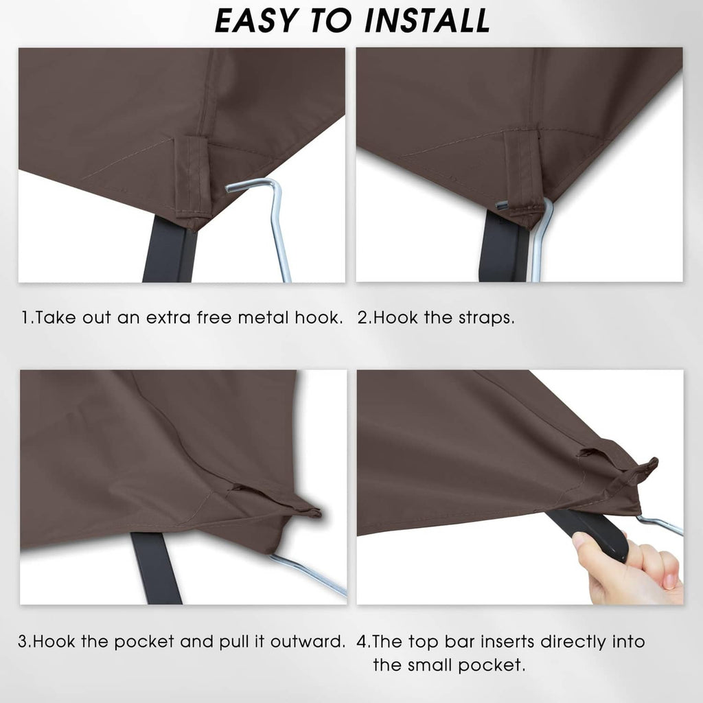 Brown canopy top corner with straps and metal hook for easy installation