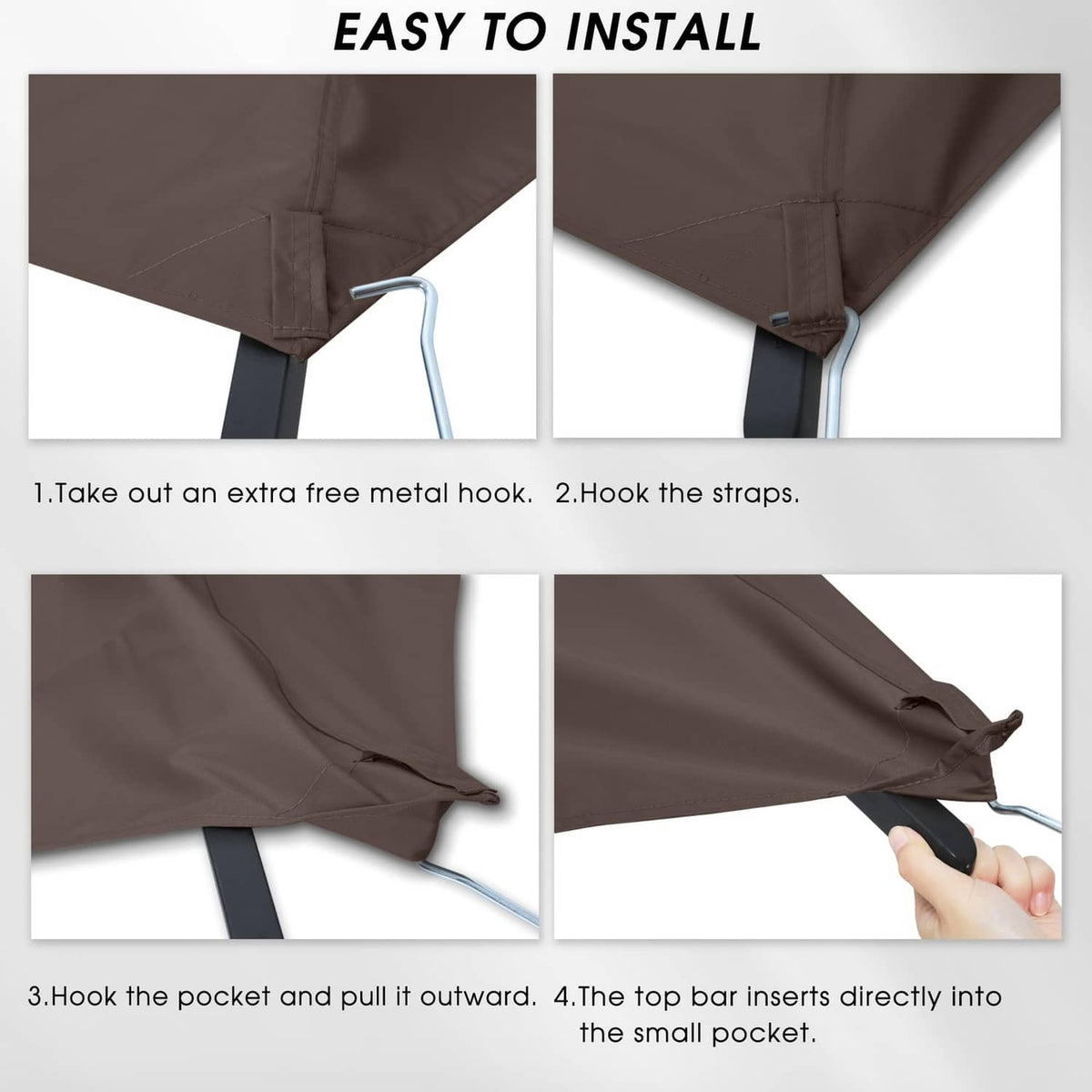 Brown canopy top corner with straps and metal hook for easy installation