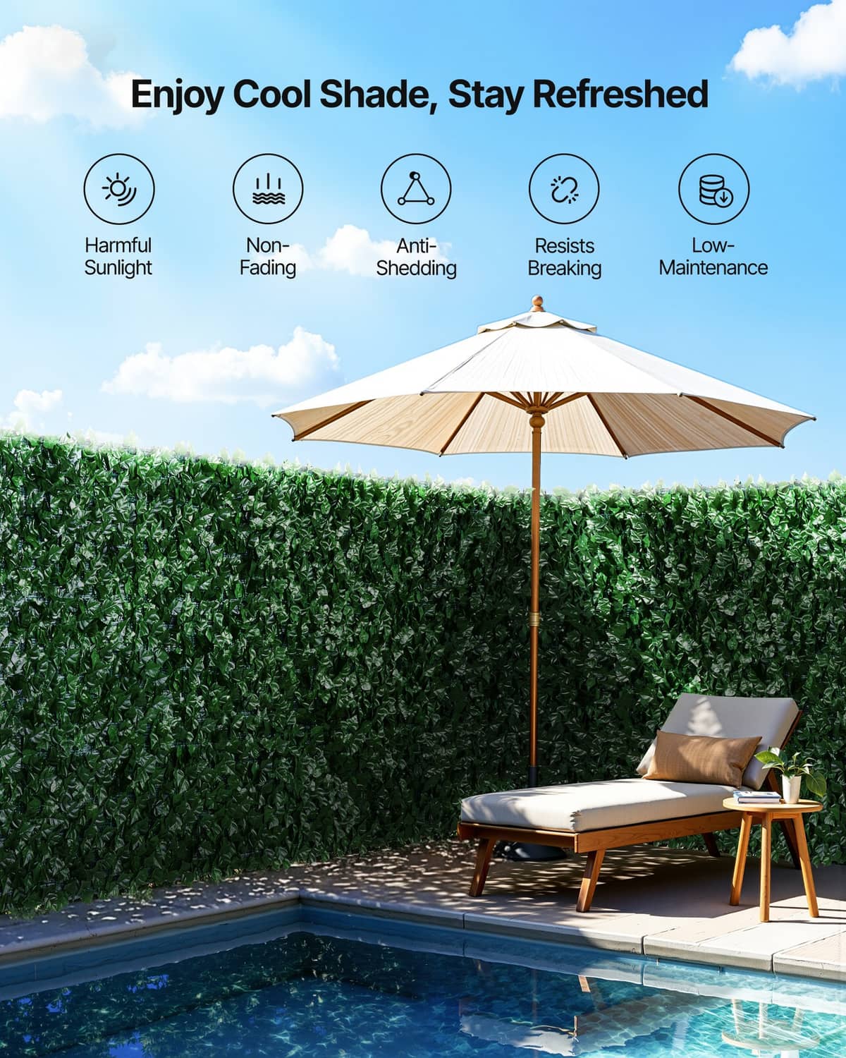 Artificial faux ivy fence screen forming a tall green shade wall for outdoor space