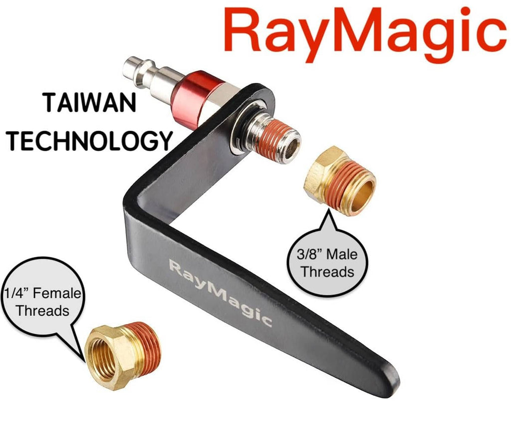 Black steel rafter hook hanger with red ring, plus brass thread adapters and plugs