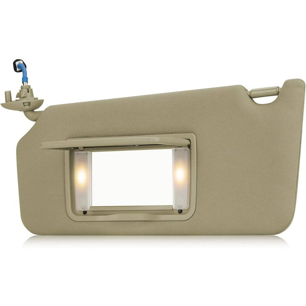 Beige tan driver-side sun visor with illuminated light window and mounting clip