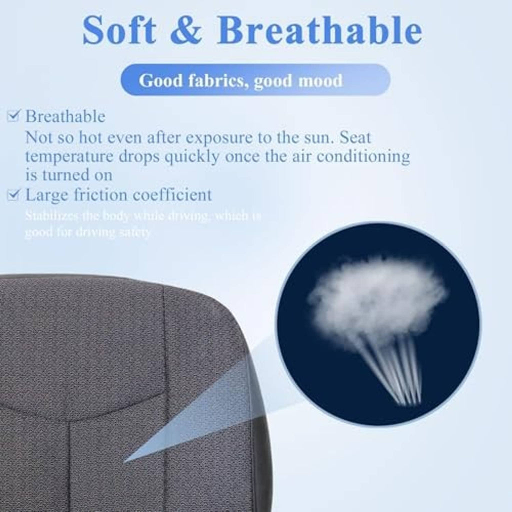 Dark gray breathable seat cover fabric with textured weave on front driver seat back