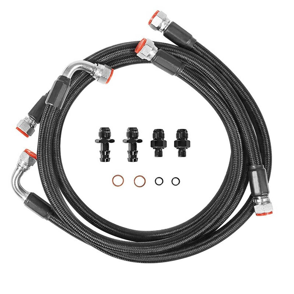 Braided black transmission cooler hose line kit with metal swivel fittings and O-rings