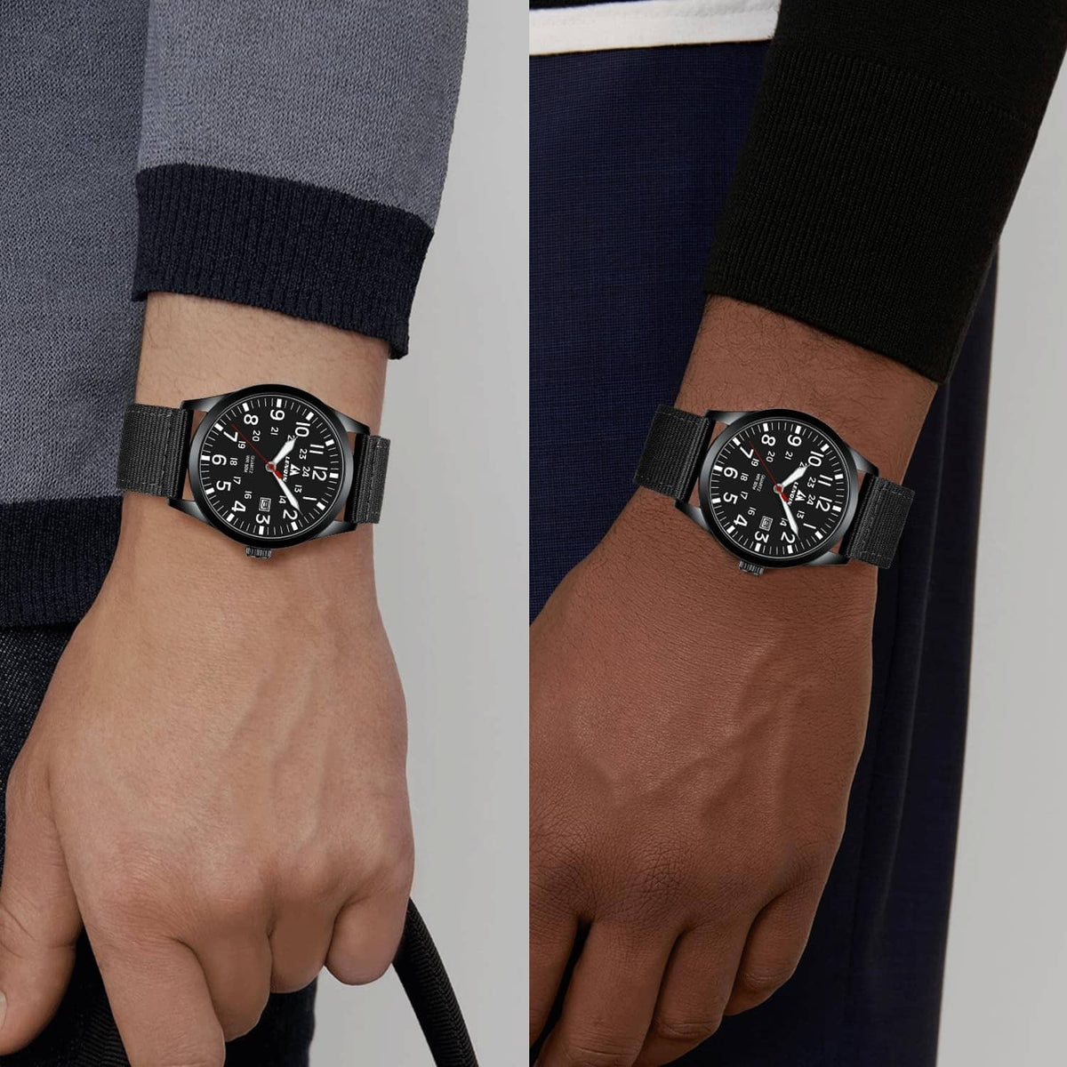 Black military sport watch on wrist with black nylon strap and dark dial