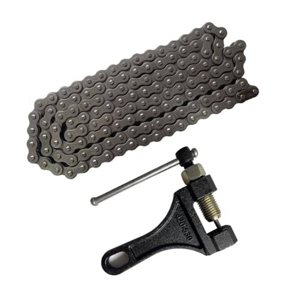 Black motorcycle roller chain links with chain breaker tool and metal adjustment rod