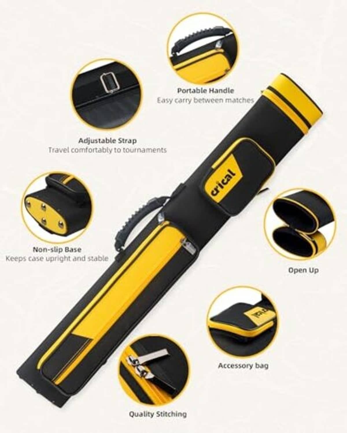 Black and yellow pool cue case with adjustable strap, non-slip base, and accessory pocket