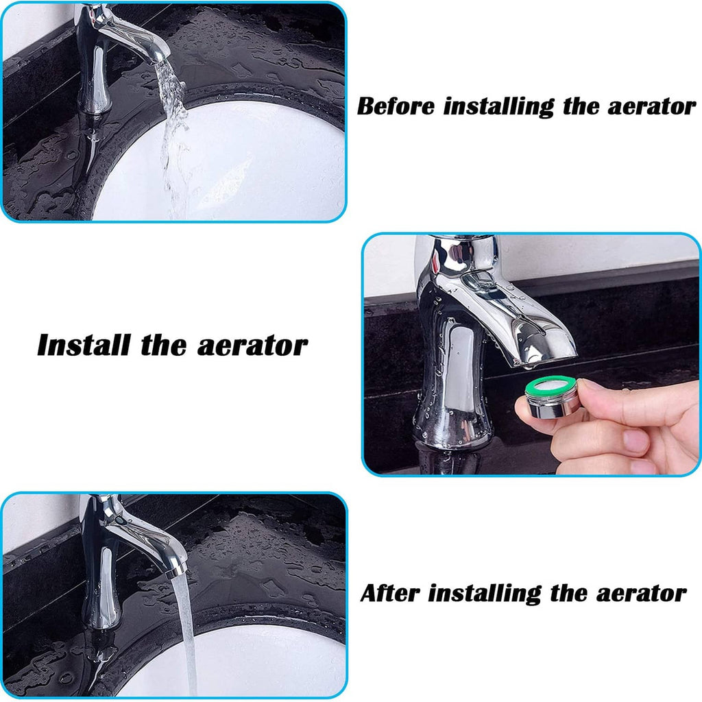 Faucet aerator installed on sink faucet with green sealing ring