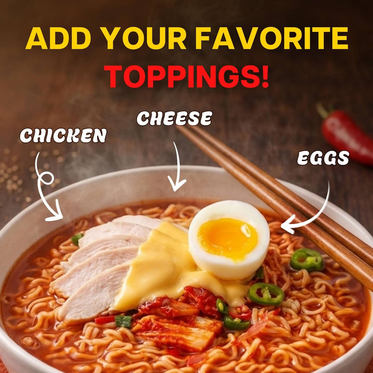 Instant ramen bowl topped with soft-boiled egg, chicken, cheese, and green onions