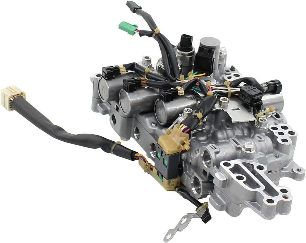 CVT transmission valve body with solenoids, angled view with black wiring and connectors