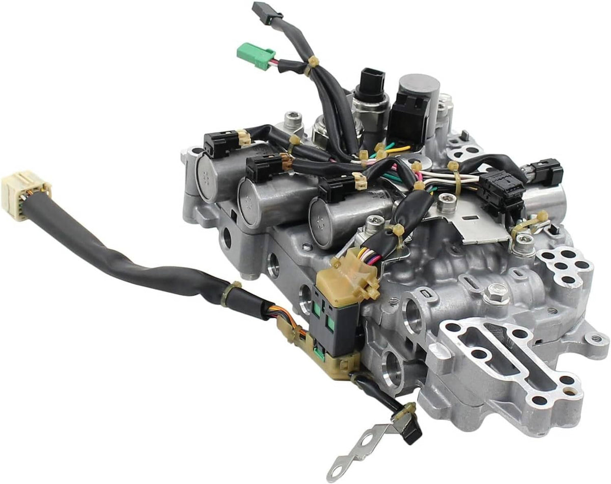 CVT transmission valve body with solenoids, angled view with black wiring and connectors