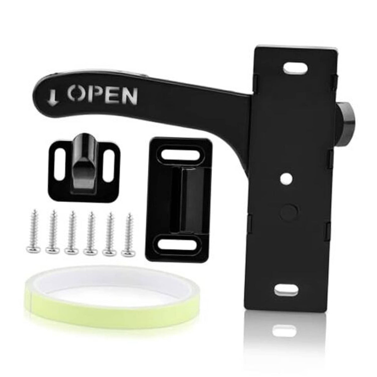 Black RV screen door latch handle with included screws, mounting bracket, and tape