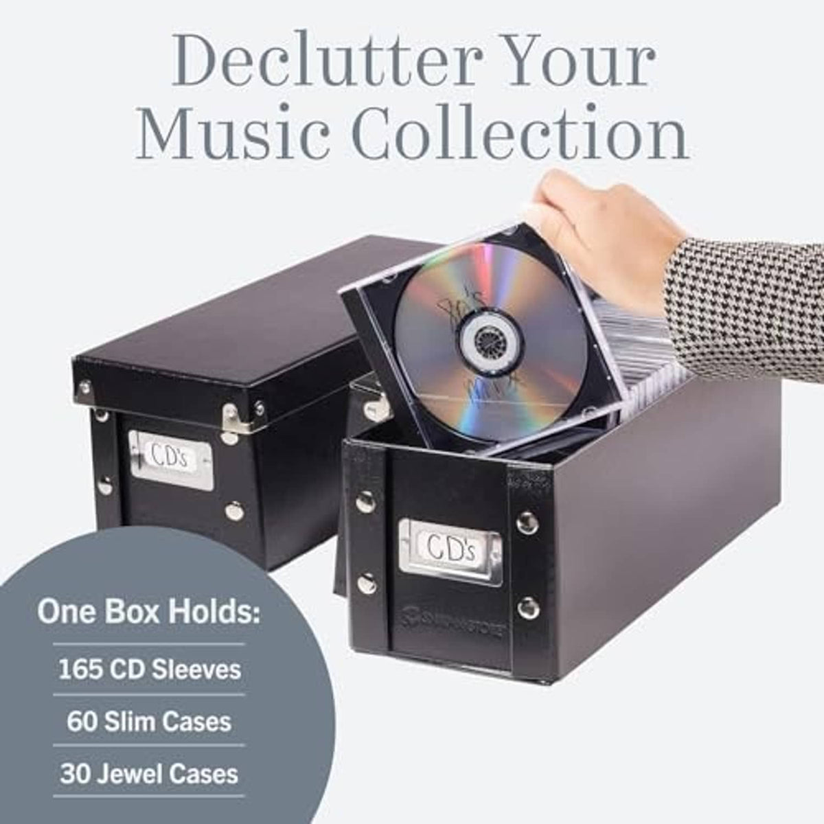 Black CD storage box set (2 pack) holding two CDs with open lids