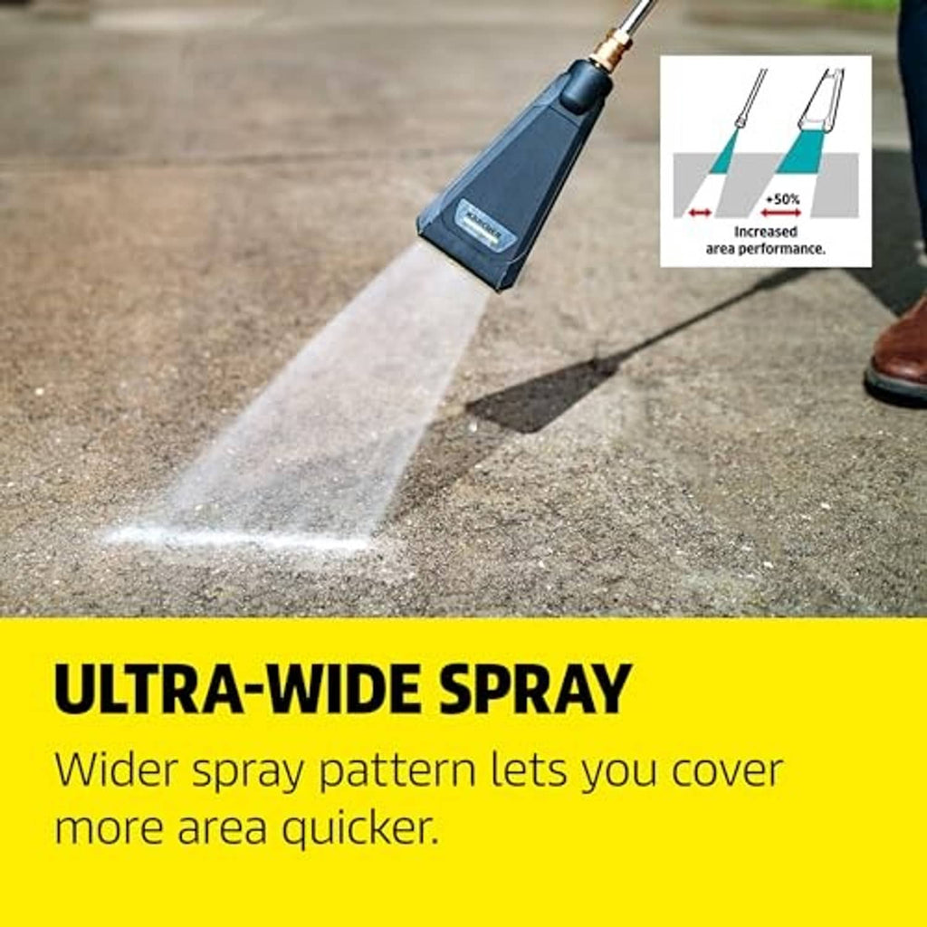 Pressure washer nozzle spraying a wide jet across concrete for cleaning