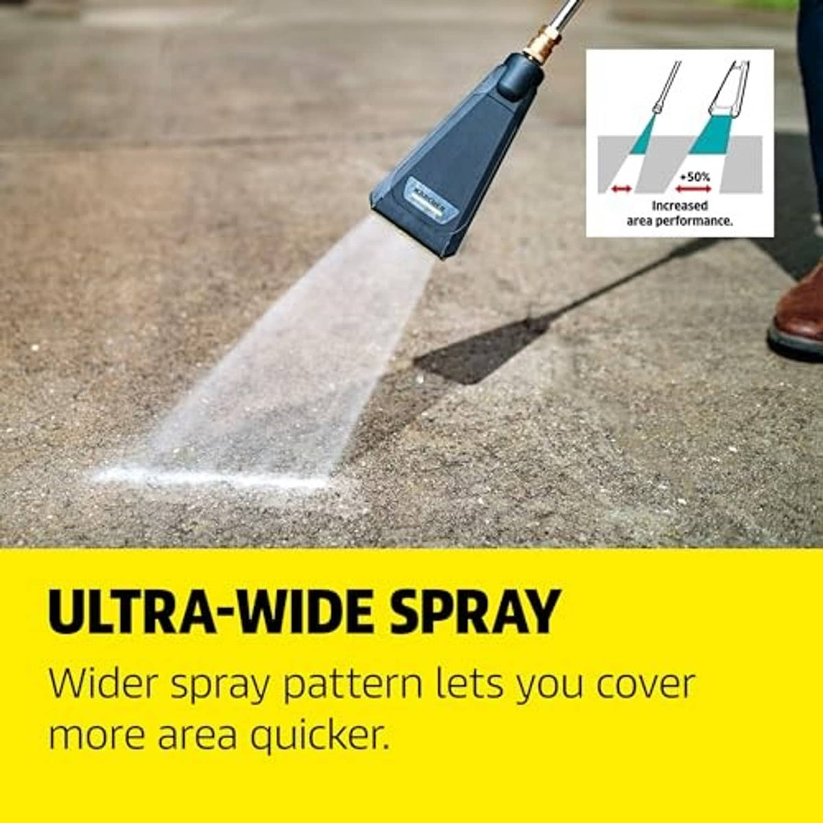 Pressure washer nozzle spraying a wide jet across concrete for cleaning