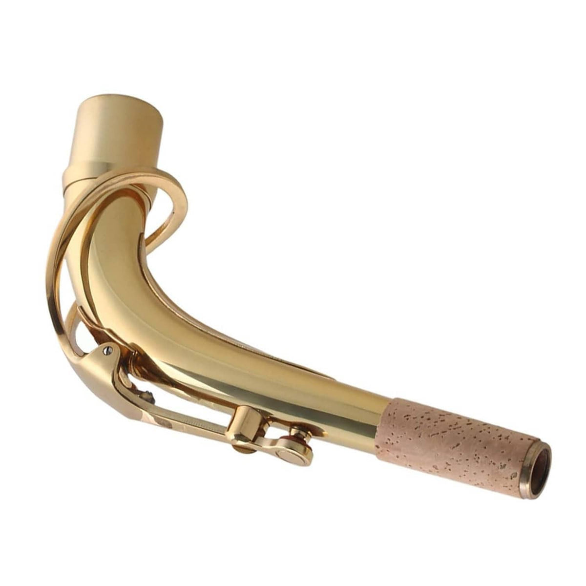 Brass saxophone bend neck assembly with cork-covered mouthpiece end