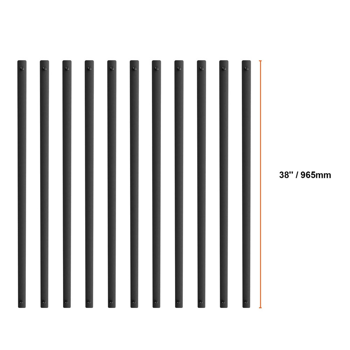 Matte black deck baluster spindles with 38 in length shown on white