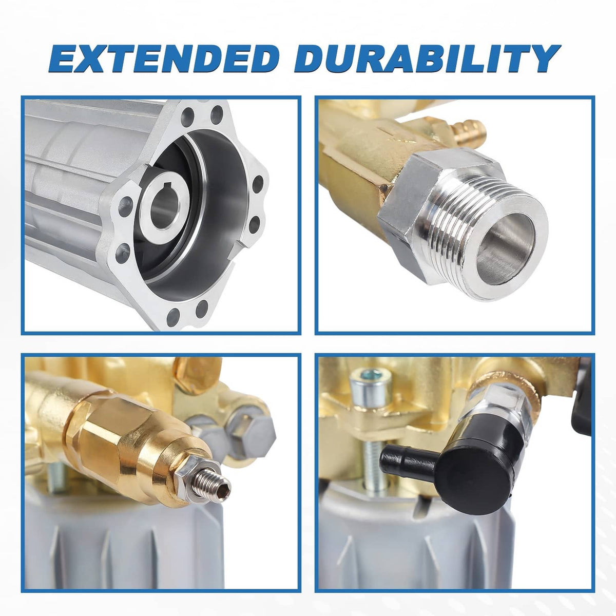 Pressure washer pump detail view with gold fittings and silver connection ports