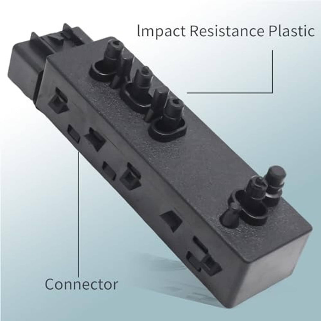 Power seat switch connector block with black adjustment knob caps and labeled connector end