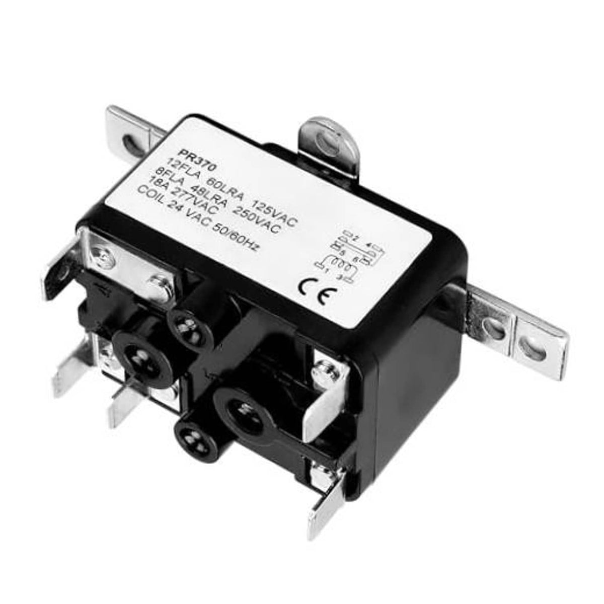 Black SPDT power relay with metal mounting tabs and multiple electrical terminals