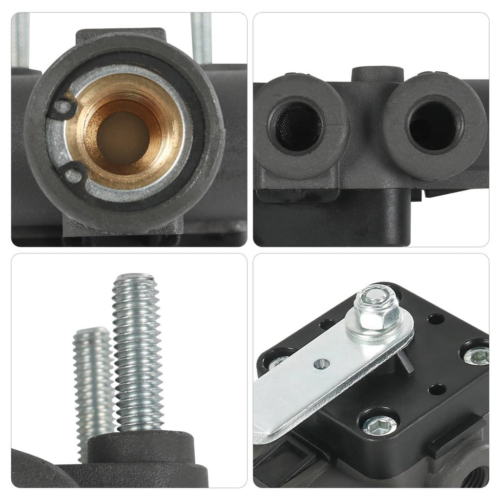 Leveling valve part close-ups showing port openings, mounting brackets, and screws