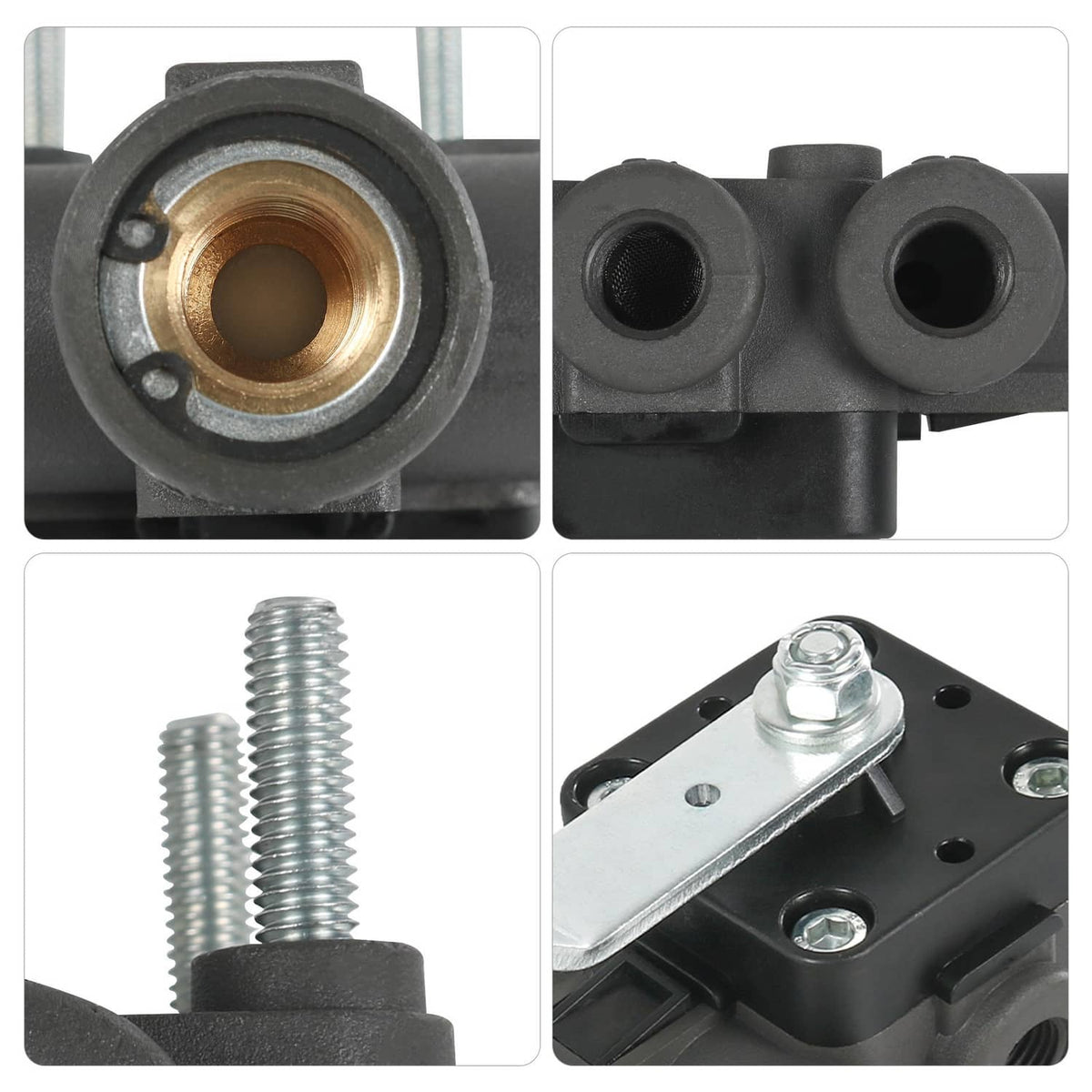 Leveling valve part close-ups showing port openings, mounting brackets, and screws