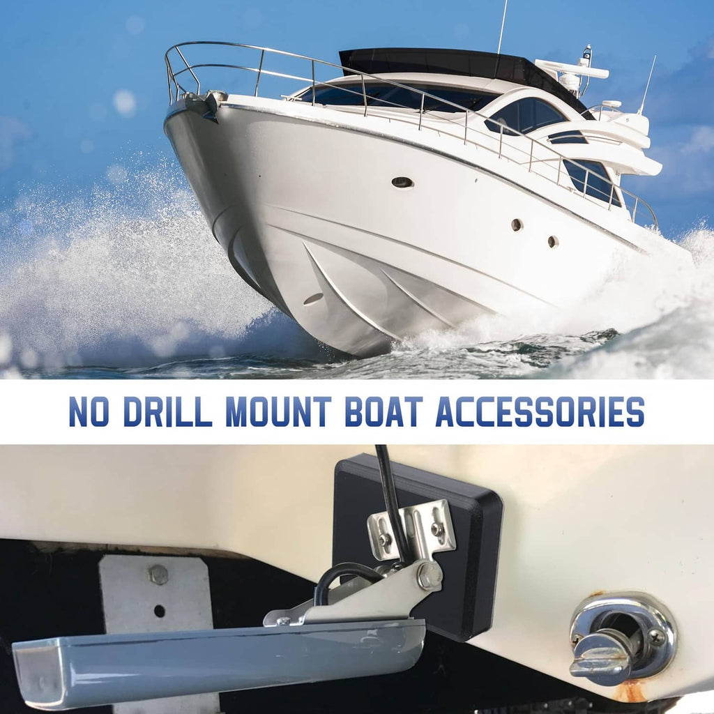 Black transducer mounting plate with bracket and mounting hardware for boat use