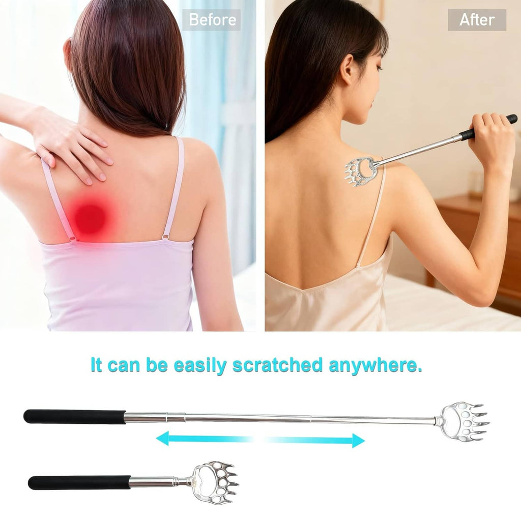 Extendable bear claw back scratcher reaching shoulder with silver head and black handle