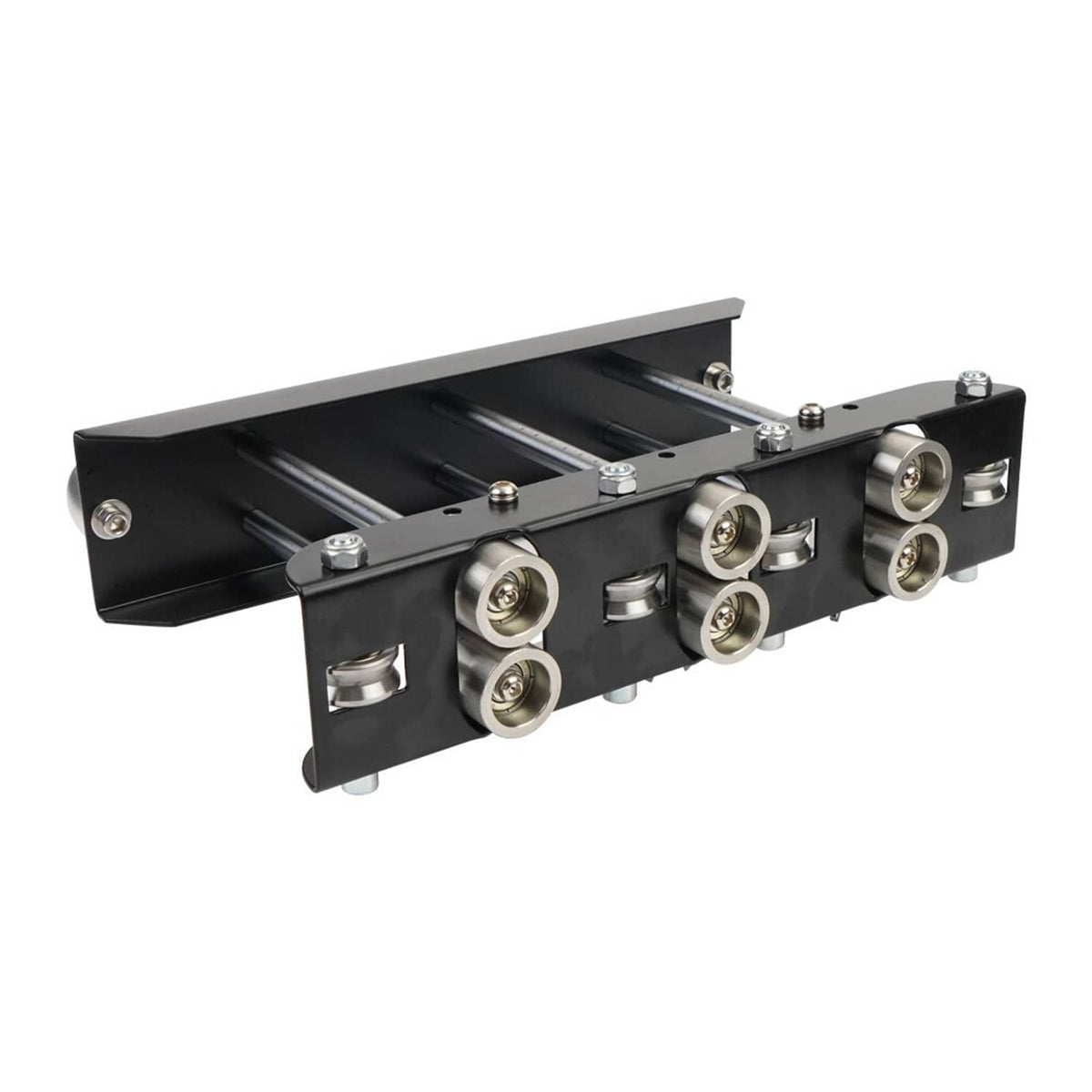 Three-station edge roller bender viewed from side with roller wheels and mounting screws