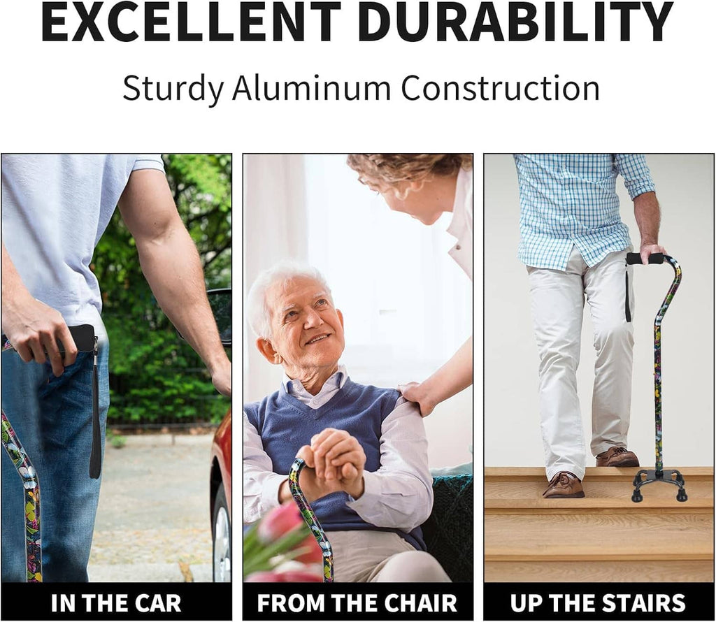 Floral quad walking cane with sturdy black base and four anti-slip rubber tips