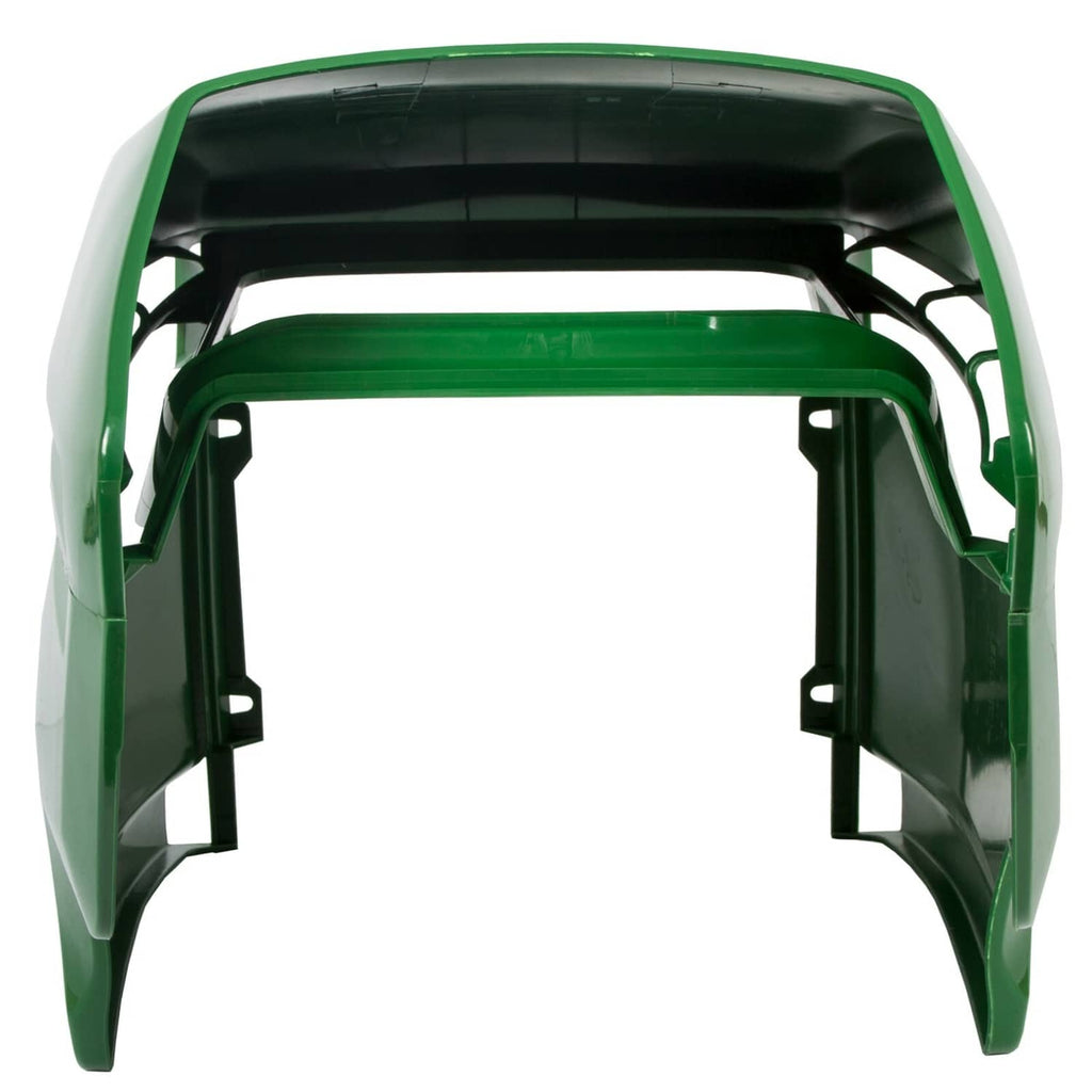 Green mower hood underside with black mounting brackets and holes