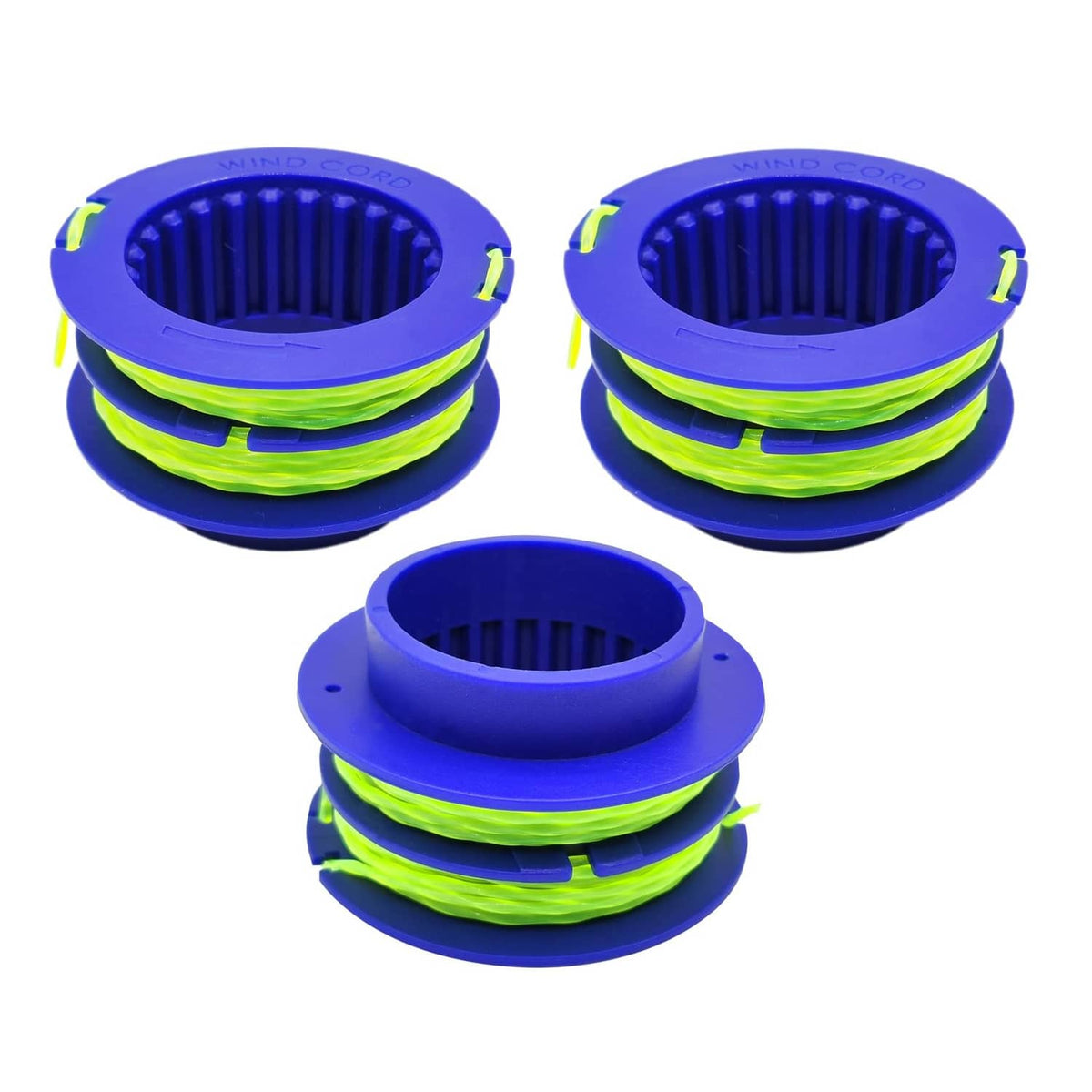 Blue trimmer line spool with neon green cutting line, three-pack
