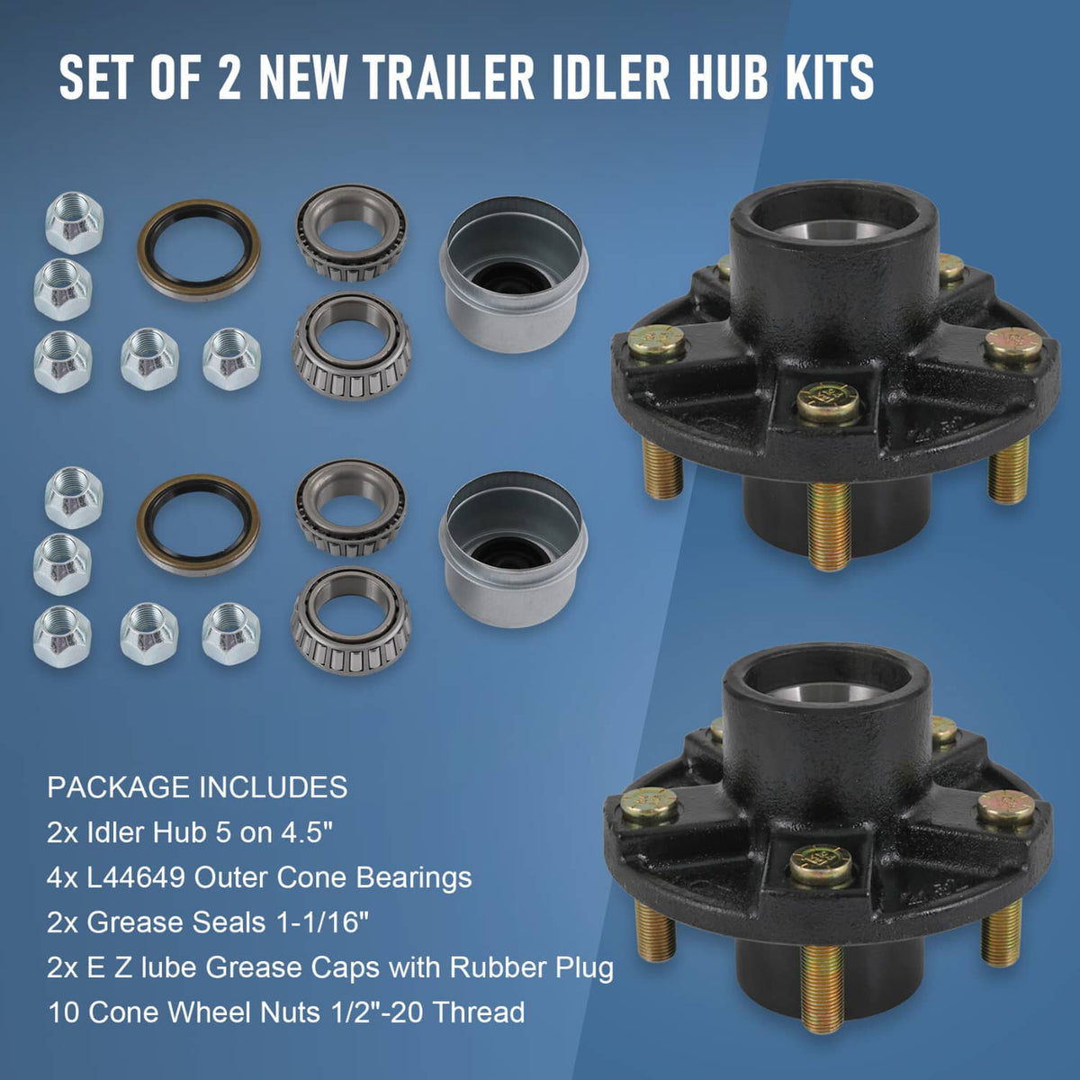 Set of two trailer idler hub kits with black hubs, bearings, seals, and grease caps